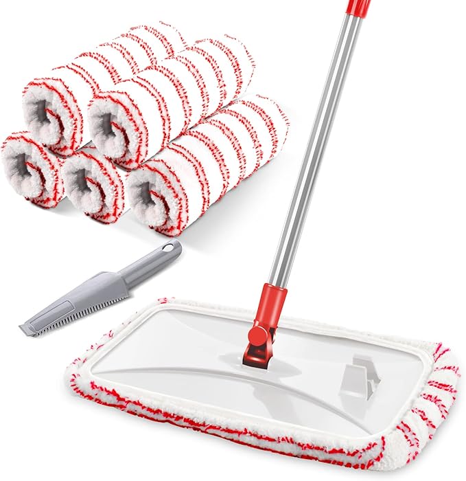 MASTERTOP Microfiber Mop, Extra Large Dust Mop with 5 Pads for Wet & Dry Use, 16'' Mops for Hardwood Laminate, Tile, Vinyl Floors,5 Microfiber Refills, 1 Cleaning Scraper