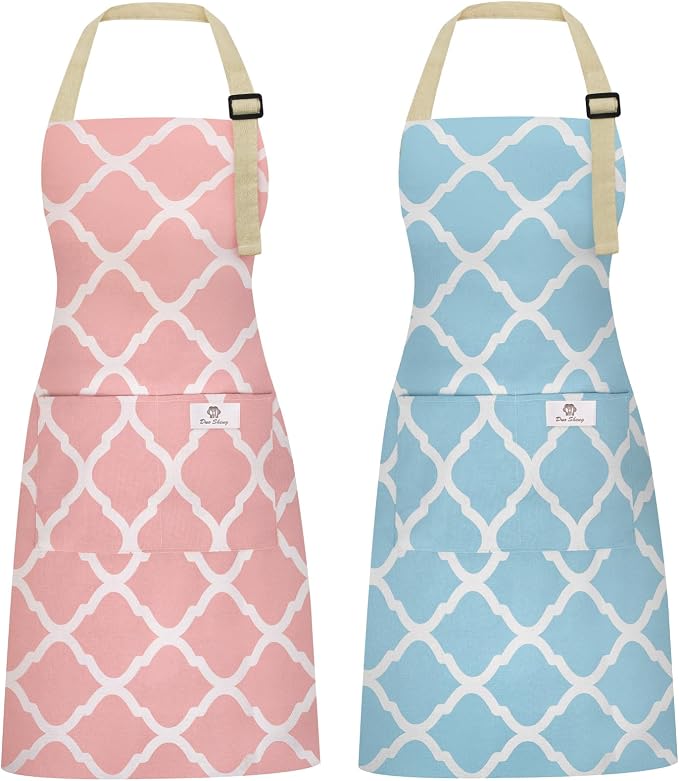 2 Pieces Aprons for Women with Pockets, Cotton Linen Waterproof Kitchen Cooking by Riqiaqia
