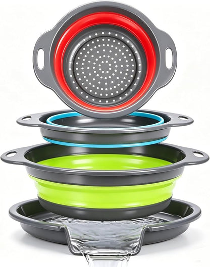 Collapsible Colander Set with Oversized Draining Tray | 3-Pack Foldable Kitchen by CLUREN