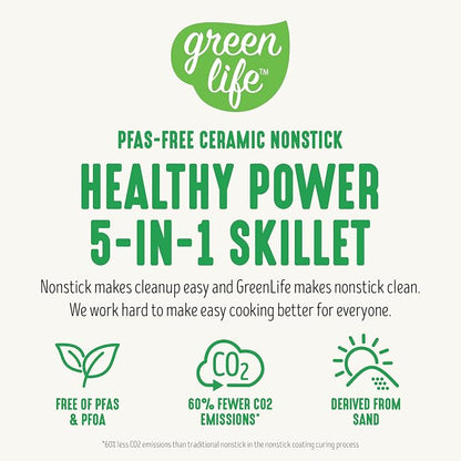 GreenLife 12" 5QT Square Electric Skillet, Glass Vented Lid, Ceramic PFAS-Free - Image 8