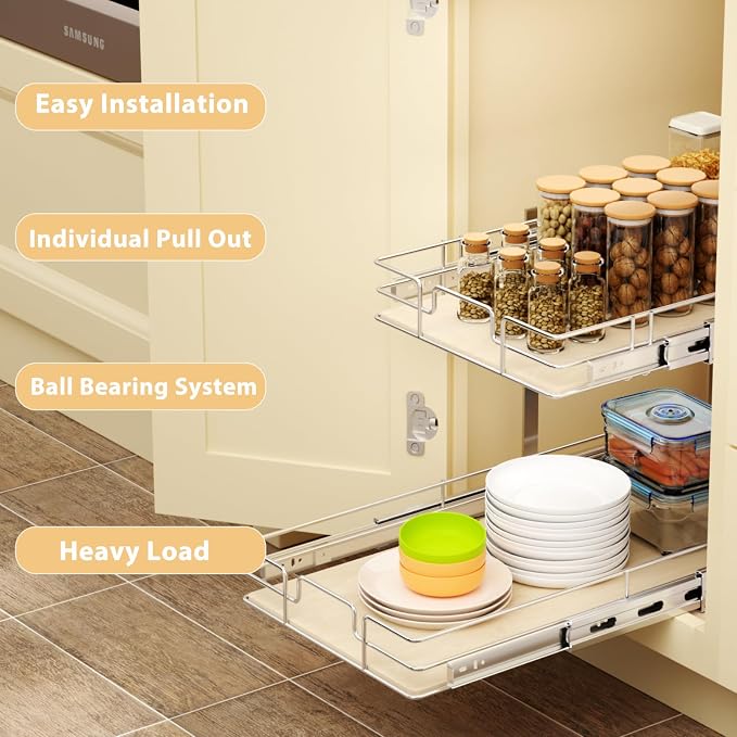 ROOMTEC 2 Tier Individual Pull Out Cabinet Organizer 13½"W x 21½"D, Slide Out - Image 5