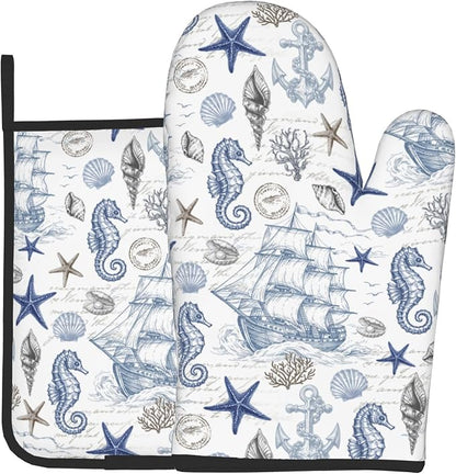 Navy Blue Oven Mitts and Pot Holders Sets Summer Beach Starfish Seashell Oven by DZGlobal