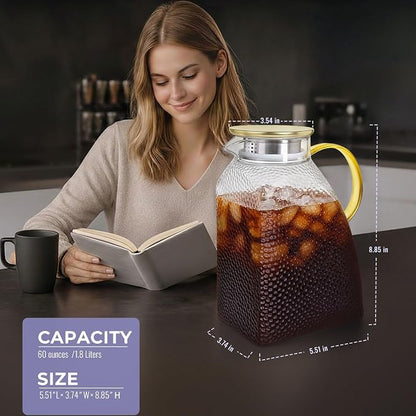 Glass Pitcher With Lid and Spout, 1.8 Liter 60 oz Glass Pitchers With Handle - Image 2