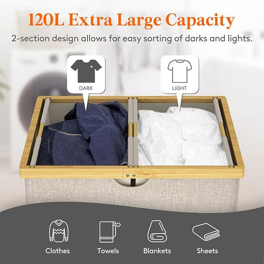 Lifewit 120L Double Laundry Hamper with Lid, Extra Large Bamboo Laundry Basket Dirty Clothes Hamper, 2 Section Laundry Bin Organizer for Laundry Room Bedroom with 2 Removable Liners & Bags, Beige