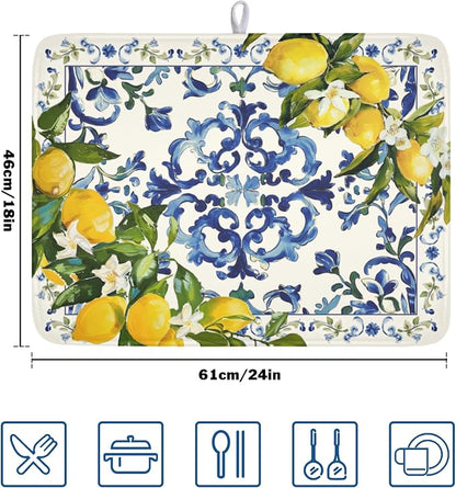Lemon Dish Drying Mat 24x18 Inch, Italian Olive Tree Dish Drainer Mats Summer - Image 2