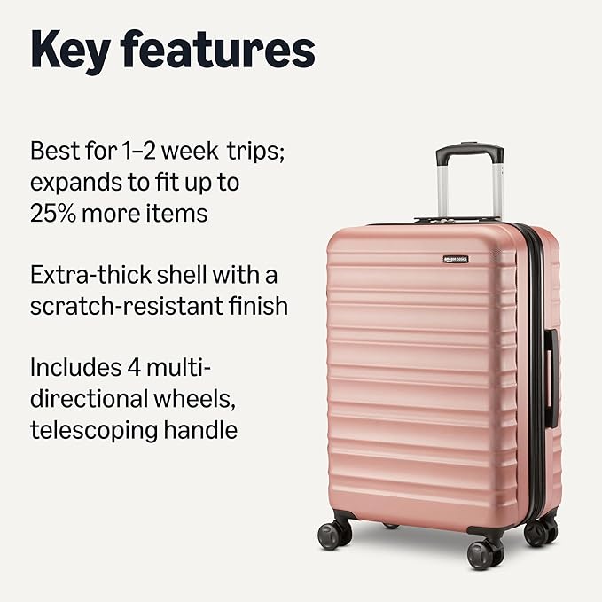 Amazon Basics 26" Hardside Medium Checked Luggage, Hardshell Suitcase With Wheels, Expandable For Up to 15% More Space, With Scratch-Resistant Surface, Four Multi-directional Wheels, Rose Gold