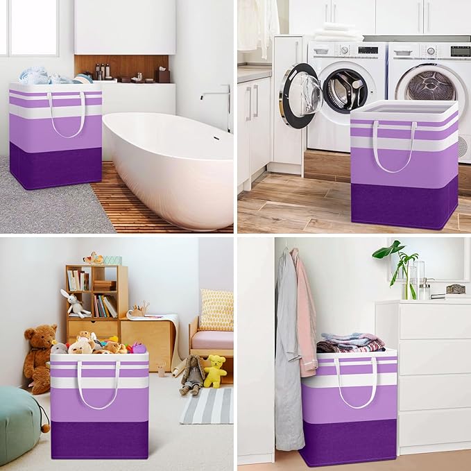 HomeHacks 2 Pack Large Laundry Baskets, Waterproof, Freestanding Laundry Hampers, Collapsible Clothes Hamper with Reinforced Handles in Laundry, College Dorm, Bathroom, Bedroom (Purple, 100Lx2)