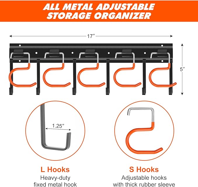 51'' All Metal Garden Tool Organizer Adjustable Garage Tool Organizer Wall Mount Garage Organizers and Storage with Heavy Duty Hooks Tool Hangers for Garage Wall, Shed, Garden
