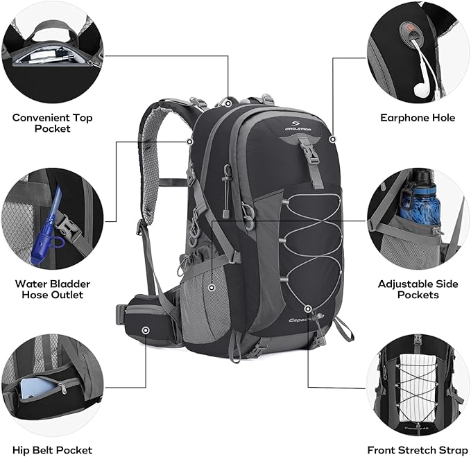 Maelstrom Hiking Backpack,Camping Backpack,40L Waterproof Hiking Daypack with Rain Cover,Lightweight Travel Backpack,Black