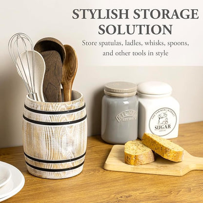 MyGift Wine Barrel Design Kitchen Utensil Holder Crock, Vintage White Washed - Image 3