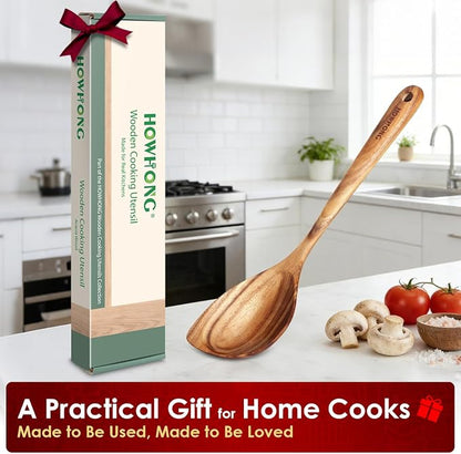 HOWHONG Corner Spoon Wooden Cooking Utensil, Long Handle Acacia Wood Spoon - Image 7