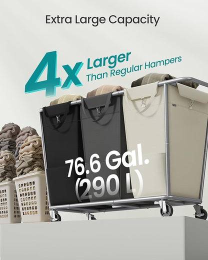 SONGMICS Laundry Basket with Wheels, 3-Section Laundry Sorter, 76.6 Gallons (290 L) Rolling Hamper with Removable Bags, Heavy-Duty Steel Frame, Cream White, Dark Gray and Ink Black URLS010X01