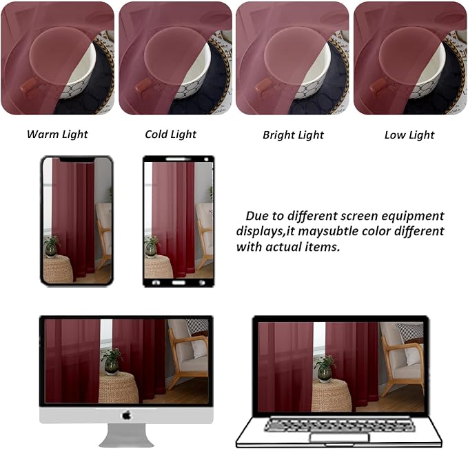 Chyhomenyc Burgundy Sheer Curtains 63 Inches Long 2 Panels Set, Light Filtering - Image 4