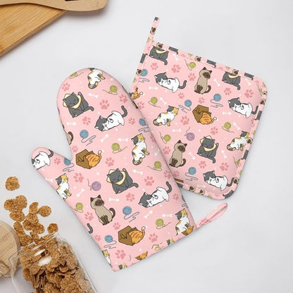 Cute Cats Oven Mitts and Pot Holders Sets Heat Resistant Non-Slip Silicone Oven - Image 8