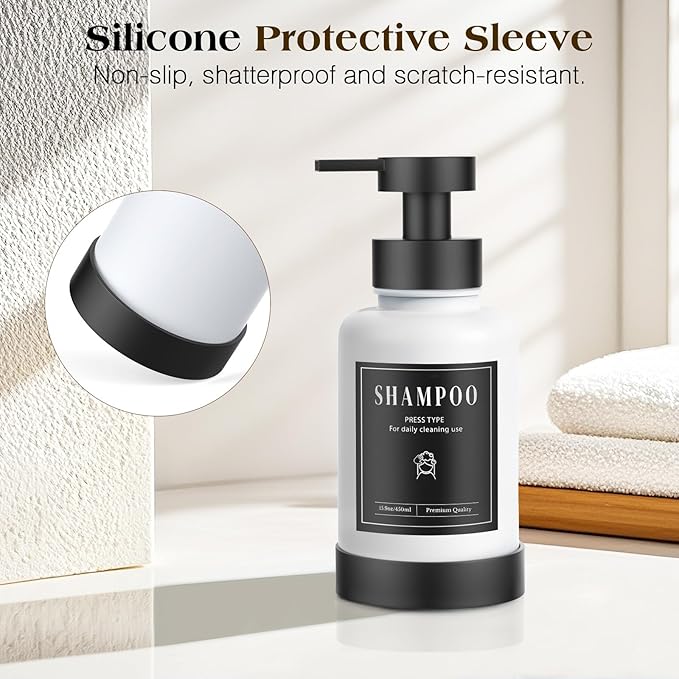 Luxspire Foaming Soap Dispenser, Glass Foam Pump Soap Dispenser, Non-Slip Hand Soap Container with 5 Waterproof Labels, 15 Oz Refillable Liquid Soap Holder for Bathroom & Kitchen, White, 1 Pack