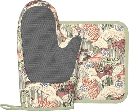 Cactus Succulent Silicone Oven Mitts Pan Mats Set of 2, Heat Resistant Gloves - Image 2