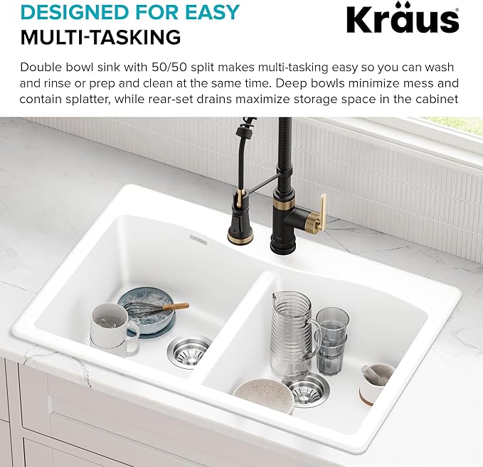 KRAUS Forteza 33-inch Granite Drop In/Undermount 50/50 Double Bowl White Kitchen Sink, KGD-52WHITE