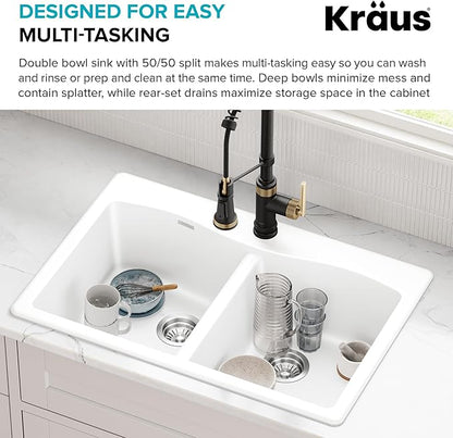 KRAUS Forteza 33-inch Granite Drop In/Undermount 50/50 Double Bowl White Kitchen Sink, KGD-52WHITE