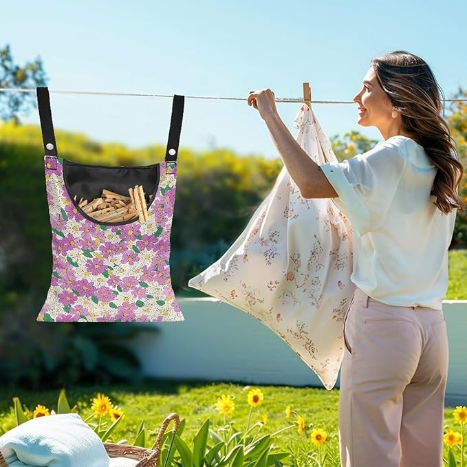 2 Pcs Hippie Flowers Clothes Pin Bag Clothespin Bag Holder 14.5 X 12 Inch Clothes Pin Hanging Bag for Clothesline Outdoor Outside Wardrobe and Laundry Room