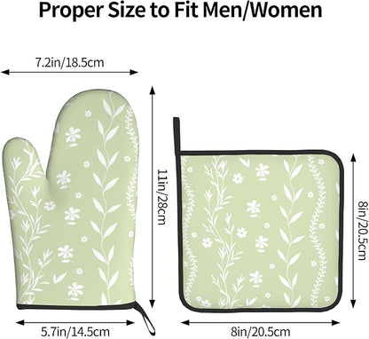 Sage Green Oven Mitt Pot Holder Set Floral BBQ Cooking Gloves Farmhouse - Image 3