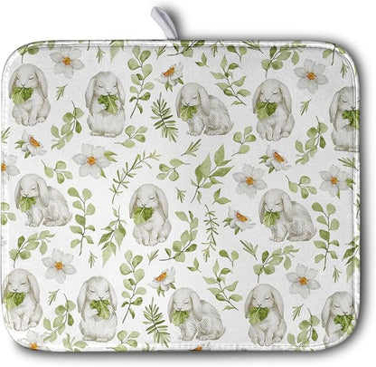 Easter Bunny Floral Drying Mat for Kitchen Counter Spring Easter Rabbits Green by Kwlegh