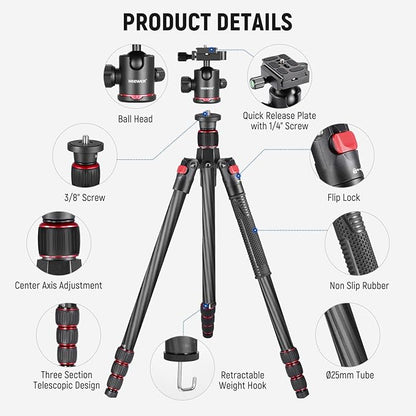 NEEWER 66"/168cm Carbon Fiber Tripod for Camera with 360° Panorama Ball Head, 1/4" Arca QR Plate, Portable Bag, Compact Travel Tripod Monopod for DSLR Video Camcorder, Max Load 26.5lb/12kg, N55C