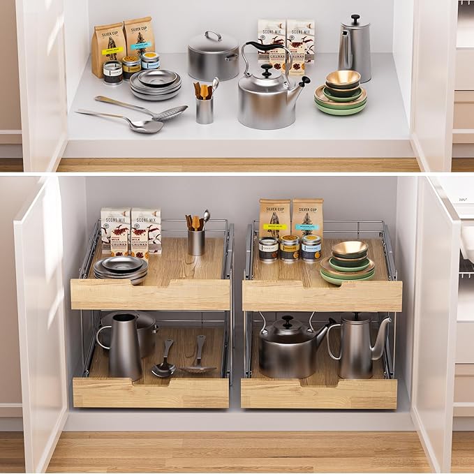 Pull Out Cabinet Organizer,Heavy-Duty Slide Out Shelf, Wood and Wire Basket, Pull Out Drawer for for Kitchen Under Sink Space, Pantry, Bathroom, 2 Tie 17 * 21 in