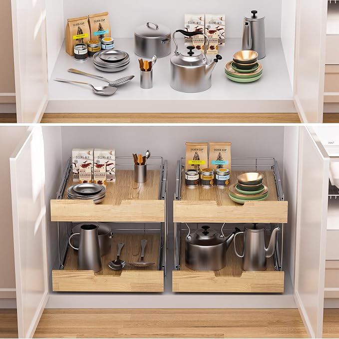 Pull Out Cabinet Organizer, Heavy-Duty Slide Out Shelf, Wood and Wire Basket - Image 7