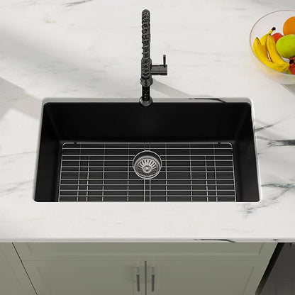 Dcolora 31 Inch Quartz Composite Black Kitchen Sink Undermount Sink Deep Single Bowl, 31"x18" Round Corner, DC-GU7748