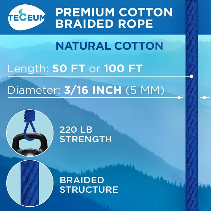 TECEUM Cotton Rope 3/16” – 50 FT – Strong All-Purpose Braided Rope – Natural - Image 2