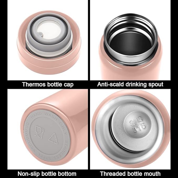 10oz Mini Water Bottle Stainless Steel Thermos Small Flask - Insulated Vacuum, Leak Proof, Keeps Drinks Hot/Cold - Ideal for Coffee, Tea, Water - Pink
