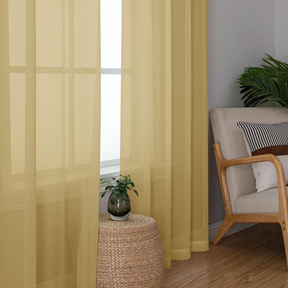 Chyhomenyc Gold Sheer Curtains 63 Inch Length 2 Panels, Rod Pocket Solid Window - Image 4
