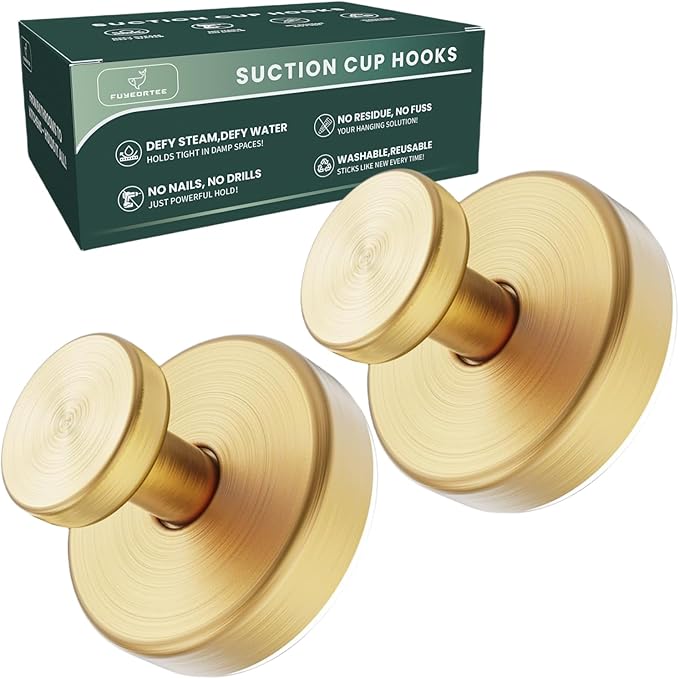 2025 Upgraded Stainless Steel Heavy Duty Suction Cup Hooks for Shower Bathroom Accessories Removable Hook for Glass Window Door Wall Hooks for Hanging Towels Robes Wreaths (Pack of 2, Gold)