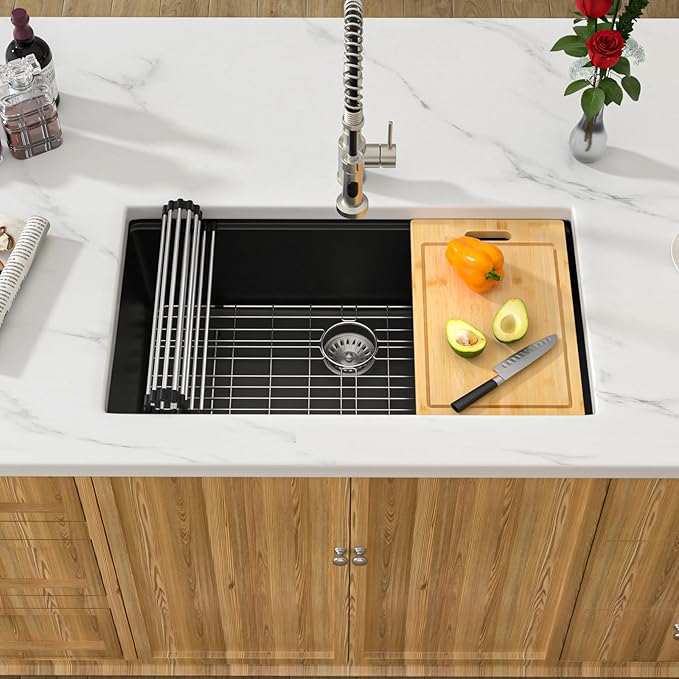 33 Inch Black Granite Composite Kitchen Sink Workstations Black Quartz Undermount Single Bowl Sink with Accessories Single Basin Large Capacity Noise Reduction Quiet Kitchen