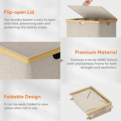 Lifewit 170L Triple Laundry Hamper with Lid, Extra Large Bamboo Laundry Basket Dirty Clothes Hamper,3 Section Laundry Bin Organizer for Laundry Room Bedroom with 3 Removable Liners & Bags, Beige