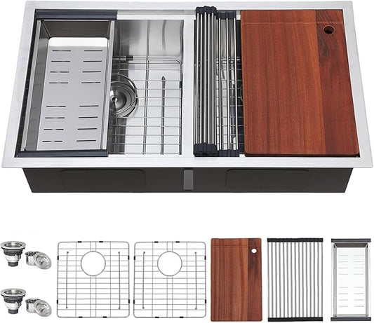 COMLLEN 33 Inch Double Bowl Undermount Kitchen Sink,33x19 Inch Workstation 16 Gauge Stainless Steel Double Kitchen Sinks with Cutting Board,9 Inch Deep Sink Maximizes Space Efficiency