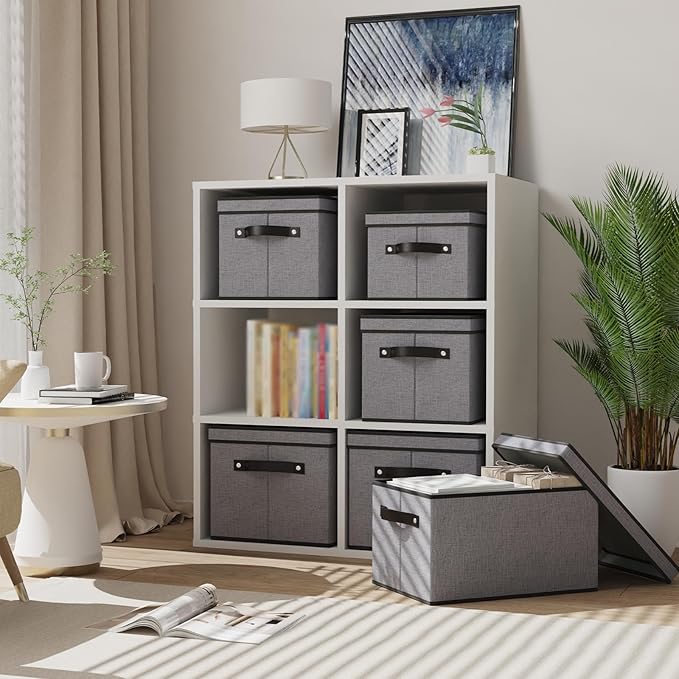 Clothing Storage Bins, Blanket Baskets for Shelves, Fabric Cubes with Handles and Lids, Decorative Linen Closet Organizers Boxes, Gray, 5 Pack, 16.5 x 11.8 x 10.2 Inch