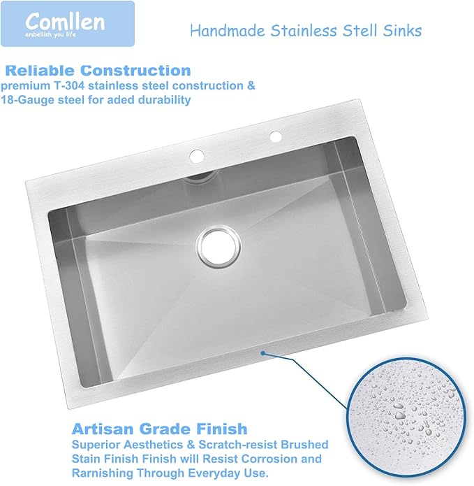 Comllen 28 Inch Drop in Kitchen Sink,28x18 Inch Top Mount 18 Gauge Stainless Steel Deep Kitchen Sinks,Brushed Nickel Single Bowl RV Laundry Utility Sink