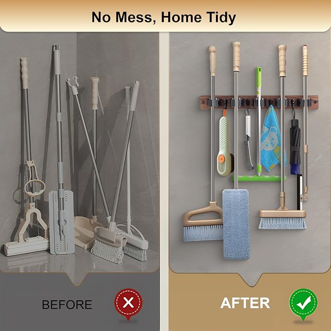 Broom Holder Wall Mount With 5 Slots & 4 Hooks，Rustic Wood Broom & Mop - Image 4