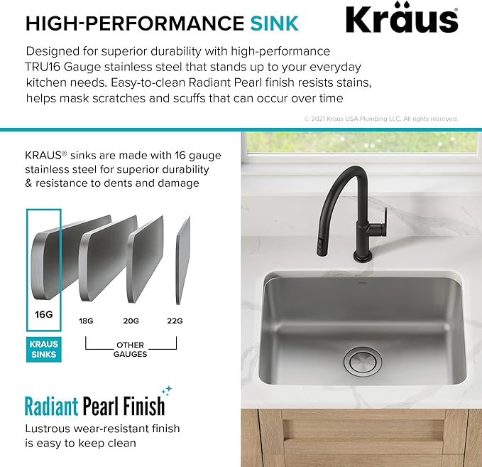 KRAUS Dex 25-inch Undermount 16 Gauge Stainless Steel Single Bowl Kitchen Sink, KA1US25B