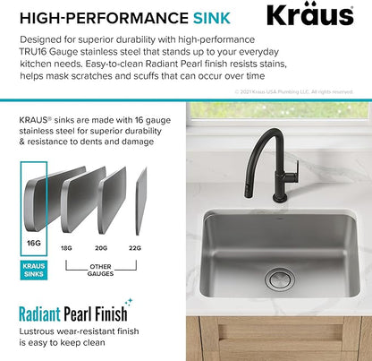 KRAUS Dex 25-inch Undermount 16 Gauge Stainless Steel Single Bowl Kitchen Sink, KA1US25B