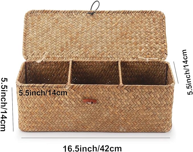 Seagrass Tank Basket with Lid Woven Toilet Roll Storage Basket with Sections - Image 4