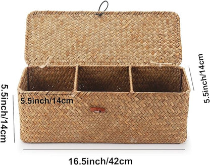 Seagrass Tank Basket with Lid Woven Toilet Roll Storage Basket with Sections - Image 4