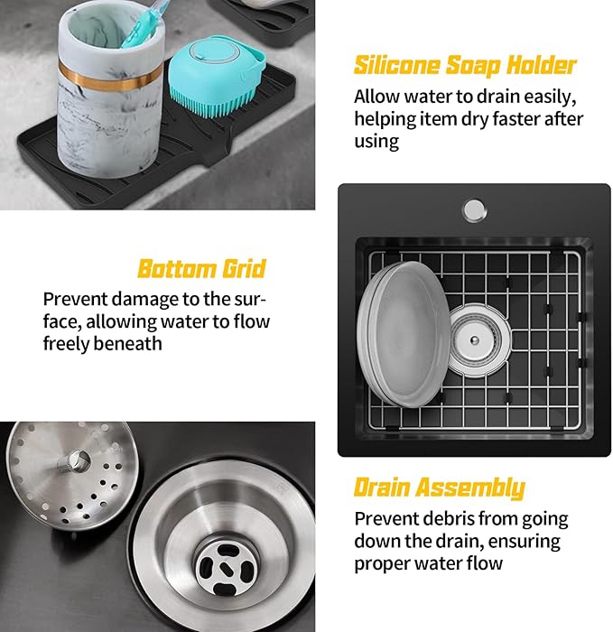 Small Black Kitchen Sink,15x15 Inch Stainless Steel Drop In Topmount Kitchen And Bar Sink Ideal Choice For For Small Space, Prep Area, RV With Bottom Grid,Soap Mat And Drain Assembly
