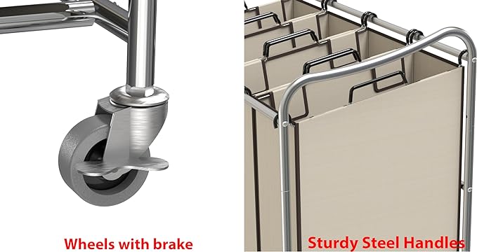 Simple Houseware 4-Bag Heavy Duty Rolling Laundry Sorter Cart, Chrome