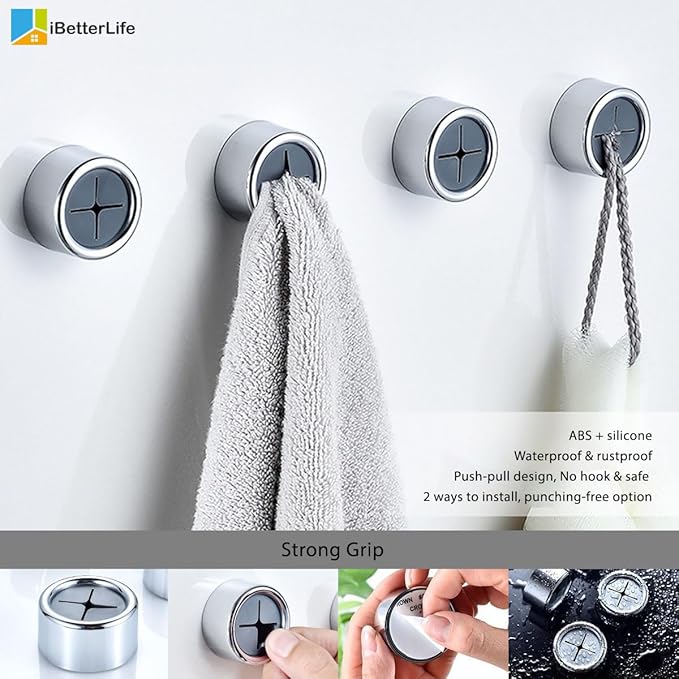 iBetterLife Adhesive Kitchen Towel Hooks - 4 Pack Dish Towel Holder for Cabinet, Push Hand Towel Hook, Dish Cloth Rag Holder for Home Bathrooms, Kitchens, Garages, RV, Within Easy Reach, Matte Black