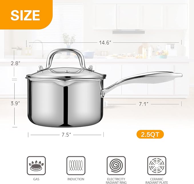 Cyrosa 2.5 Quart Saucepan with Strainer Lid, Stainless Steel Sauce Pot - Image 6