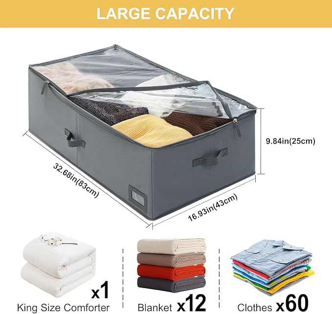 10-Inch Under Bed Storage Containers (2-Pack) | Sturdy Sidewalls | Clear Cover & Label Holder | Foldable Closet Organizer | Stores Clothing/Blankets/Sweaters/Sheets
