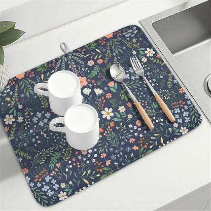 Floral Dish Drying Mat for Kitchen Counter Rustic Flower Leaves Print - Image 8
