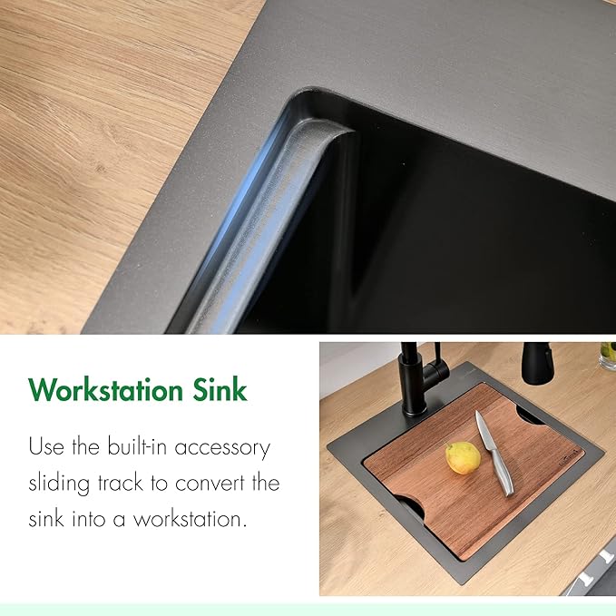 Kitchen Sink, 15 x 15 x 10 inch Kitchen Sinks Small Bar Prep Sink 16 Gauge Gunmetal Black Drop in Kitchen Sink Single Bowl Workstation Sink with Cutting Board